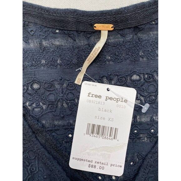 Free People Embroidered Blouse Top Women's XS Black Bell Sleeves V-Neck NEW - Picture 14 of 14